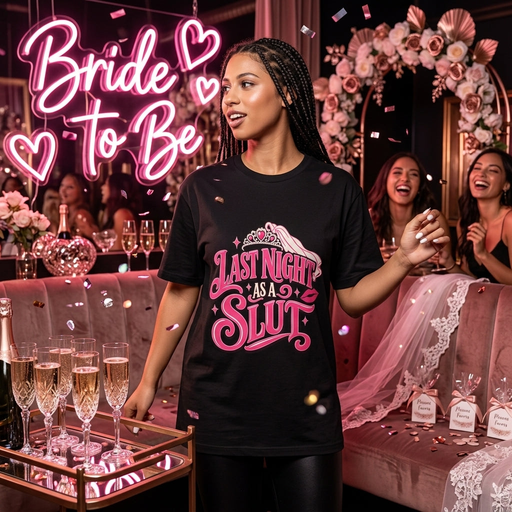 T-Shirt Donna "Last Night As A Slut" | Maglietta Divertente per Addio al Nubilato